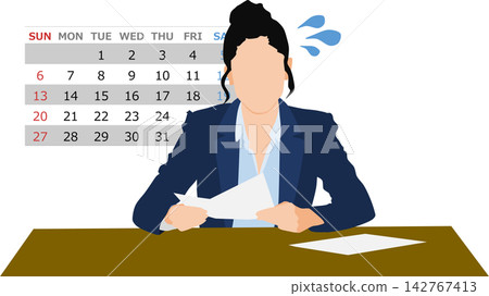 An illustration of a businesswoman struggling with deadlines. 142767413