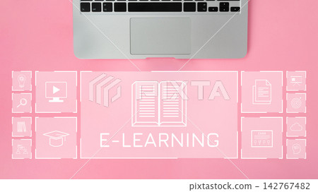 E learning tools and resources are displayed on a pink background with a laptop keyboard E learning tools and resources are displayed on a pink background with a laptop keyboard 142767482