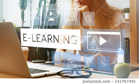 E learning platform showing online resources and tools for studying at home or in an office environment E learning platform showing online resources and tools for studying at home or in an office environment 142767495