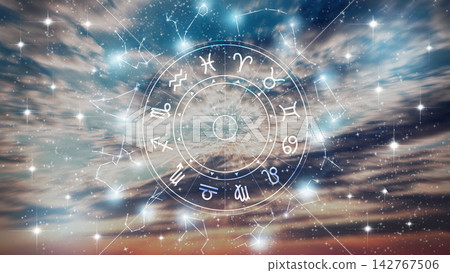 Astrology zodiac signs circle with clouds and stars in the sky at dusk Astrology zodiac signs circle with clouds and stars in the sky at dusk 142767506