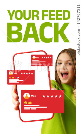 Sharing feedback on a mobile phone display with a smiling person holding the device Sharing feedback on a mobile phone display with a smiling person holding the device 142767511