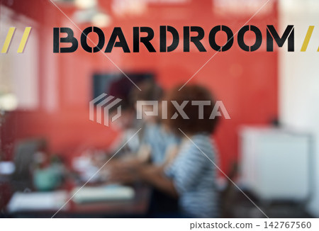 Boardroom sign, window and business people for team meeting with planning, discussion and communication. Corporate group, glass and conference room and for employee training with blurred background 142767560