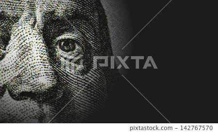 Close-up view of a dollar note showing the detailed design and features of the currency Close-up view of a dollar note showing the detailed design and features of the currency 142767570
