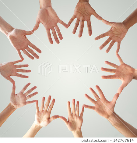 Motivation, support and hands of people in circle for collaboration, solidarity and community. Low angle, fingers and mockup with round shape on white background for teamwork, connection and trust Motivation, support and hands of people in circle for collaboration, solidarity and community. Low angle, fingers and mockup with round shape on white background for teamwork, connection and trust 142767614