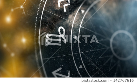 Astrology zodiac signs and symbols on a starry background showing different constellations Astrology zodiac signs and symbols on a starry background showing different constellations 142767616
