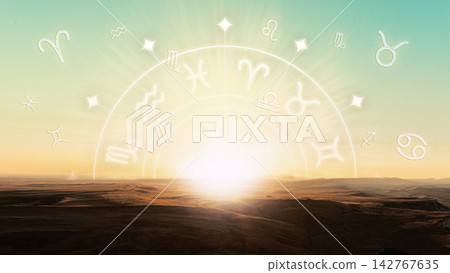 Astrology signs appear in the sky at sunset over a desert landscape Astrology signs appear in the sky at sunset over a desert landscape 142767635