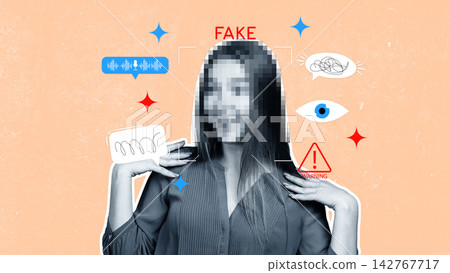 Discussion about fake news with visual elements illustrating concepts of fakeness and warning signs related to false information Discussion about fake news with visual elements illustrating concepts of fakeness and warning signs related to false information 142767717