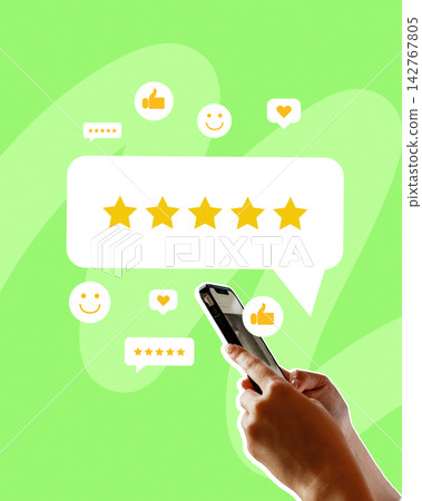 Person giving a rating on a smartphone while colorful review icons surround Person giving a rating on a smartphone while colorful review icons surround 142767805