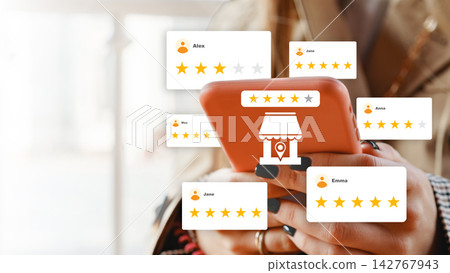 User checks ratings and reviews on a smartphone in a busy cafe during the afternoon User checks ratings and reviews on a smartphone in a busy cafe during the afternoon 142767943