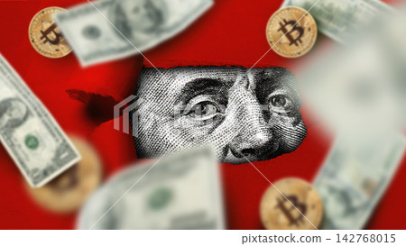 Close-up of dollar currency with bitcoin symbols surrounding it in an abstract background Close-up of dollar currency with bitcoin symbols surrounding it in an abstract background 142768015