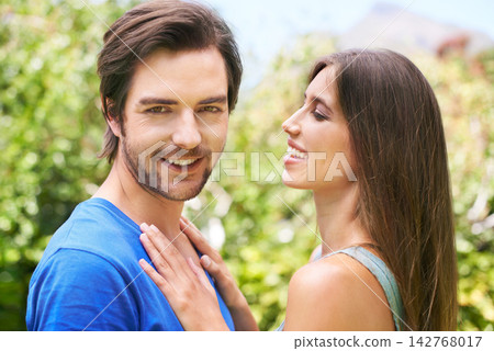 Couple, portrait and happy with love in garden for summer, romance and respect with affection or care for relationship. Man, woman and together in backyard for bonding or connection, trust and nature Couple, portrait and happy with love in garden for summer, romance and respect with affection or care for relationship. Man, woman and together in backyard for bonding or connection, trust and nature 142768017
