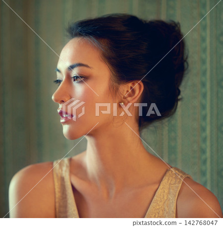 Face profile, beauty and woman in house with green background, skin glow and fashion with mockup. Girl, makeup and skincare in home for luxury aesthetic, cosmetics and style inspiration in Thailand 142768047