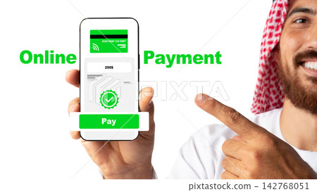 Online payment process shown on mobile device by man in traditional clothing in a bright setting Online payment process shown on mobile device by man in traditional clothing in a bright setting 142768051