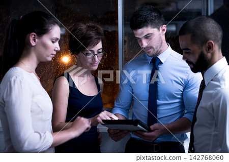 Business people, meeting and teamwork with talking and tablet for planning company project in office. Mentor, workers and training with conversation, ideas and technology for corporate proposal Business people, meeting and teamwork with talking and tablet for planning company project in office. Mentor, workers and training with conversation, ideas and technology for corporate proposal 142768060