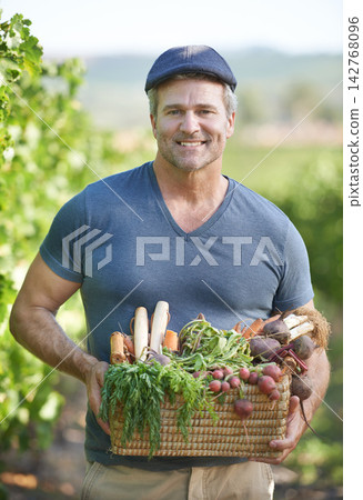 Agriculture, farming or produce and portrait of man with basket for organic harvest outdoor in field. Earth, environment and spring with happy mature farmer person carrying vegetables in season Agriculture, farming or produce and portrait of man with basket for organic harvest outdoor in field. Earth, environment and spring with happy mature farmer person carrying vegetables in season 142768096