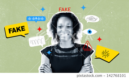 Graphic showing how fake news spreads with digital elements representing misinformation and a blurred person's face Graphic showing how fake news spreads with digital elements representing misinformation and a blurred person's face 142768101