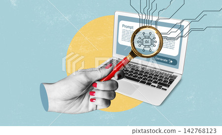 Hand holding a magnifying glass above a laptop showing AI text generation prompt Hand holding a magnifying glass above a laptop showing AI text generation prompt 142768123