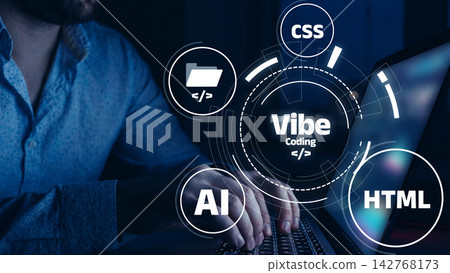 Vibe coding focuses on AI, HTML, and CSS in a dark environment at a desk with a laptop Vibe coding focuses on AI, HTML, and CSS in a dark environment at a desk with a laptop 142768173