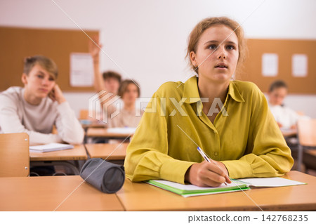 Portrait of schoolgirl at lesson in school 142768235