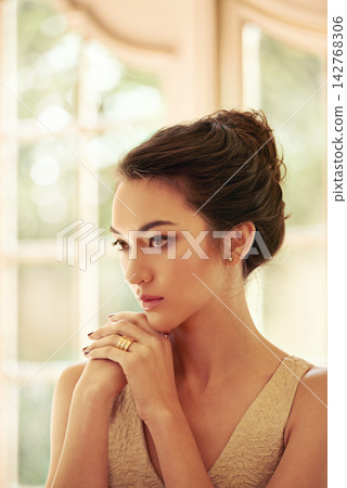 Woman, hands and thinking in living room with idea, contemplating and elegant by window. Female person, glamour and accessories with mindfulness, calm and thoughtful at home while relaxed and fancy Woman, hands and thinking in living room with idea, contemplating and elegant by window. Female person, glamour and accessories with mindfulness, calm and thoughtful at home while relaxed and fancy 142768306