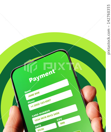 Online payment process on a mobile device with a green background 142768355