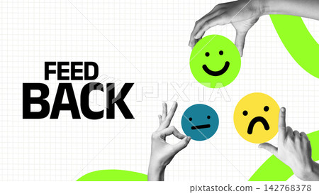 Feedback process with hands displaying different emoticon faces and the word Feedback in bold letters 142768378