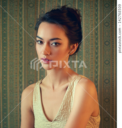 Woman, portrait and elegant fashion with luxury style, gala and event by wallpaper background. Confident, female person and celebration of prom, unique and beauty with accessories for aesthetic Woman, portrait and elegant fashion with luxury style, gala and event by wallpaper background. Confident, female person and celebration of prom, unique and beauty with accessories for aesthetic 142768509