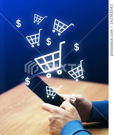 Online shopping experience with a smartphone displaying shopping carts and dollar signs Online shopping experience with a smartphone displaying shopping carts and dollar signs 142768543