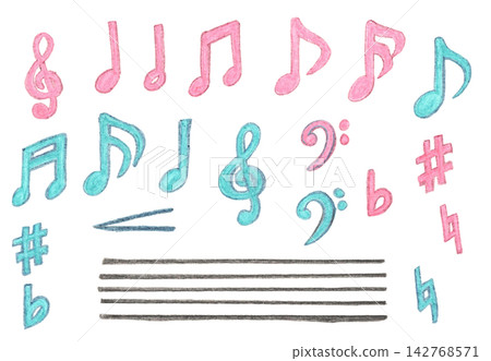 A set of colorful, hand-drawn musical notes and symbols created with watercolor pencils. A set of colorful, hand-drawn musical notes and symbols created with watercolor pencils. 142768571