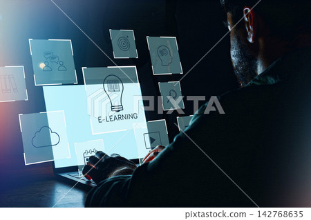 Individual using a laptop for e-learning while exploring various educational icons on the screen Individual using a laptop for e-learning while exploring various educational icons on the screen 142768635