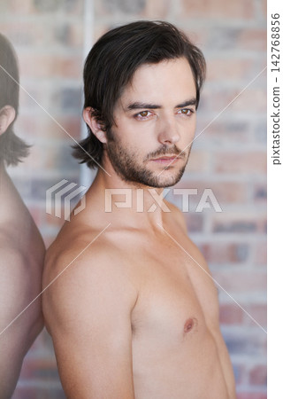 Model, guy and shirtless in home with thinking, skincare and confidence on brick wall in apartment. Man, model and cosmetic with topless person in house with pride and calm energy in morning Model, guy and shirtless in home with thinking, skincare and confidence on brick wall in apartment. Man, model and cosmetic with topless person in house with pride and calm energy in morning 142768856