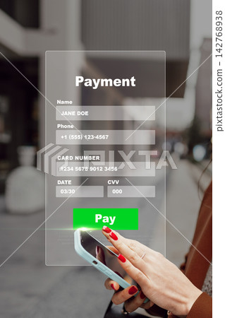 User makes an online payment using a smartphone while walking on the street during the day User makes an online payment using a smartphone while walking on the street during the day 142768938