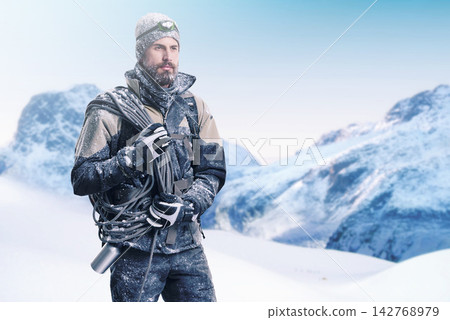Mountain, rope and man in snow for hiking, extreme sport and trekking on winter travel adventure in nature. Challenge, ice and hiker on cliff with backpack, blue sky and gear for outdoor climbing. Mountain, rope and man in snow for hiking, extreme sport and trekking on winter travel adventure in nature. Challenge, ice and hiker on cliff with backpack, blue sky and gear for outdoor climbing. 142768979