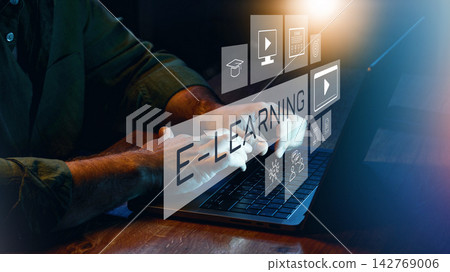 E-learning concept shows hands interacting with digital icons on a laptop screen E-learning concept shows hands interacting with digital icons on a laptop screen 142769006