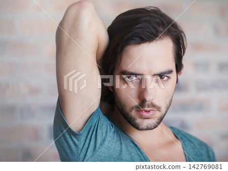Portrait, man or skincare by brick wall or background for aesthetic, confidence or facial glow. Relax, beauty or face of serious male model with pride, health or natural results isolated for wellness Portrait, man or skincare by brick wall or background for aesthetic, confidence or facial glow. Relax, beauty or face of serious male model with pride, health or natural results isolated for wellness 142769081