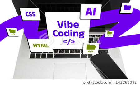 Vibe coding with laptop showing programming languages and technology concepts Vibe coding with laptop showing programming languages and technology concepts 142769082