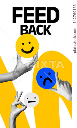 Hands holding feedback symbols on a bright background display human emotions and reactions Hands holding feedback symbols on a bright background display human emotions and reactions 142769133