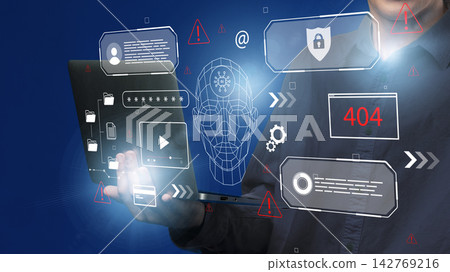 Deep fake technology demonstration with computer interface showing data and alerts 142769216