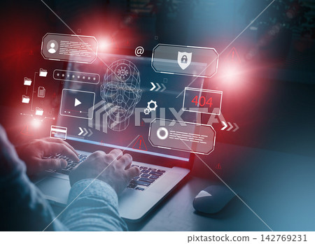 Deepfake technology demonstration shows a user interacting with a computer screen displaying various digital elements Deepfake technology demonstration shows a user interacting with a computer screen displaying various digital elements 142769231
