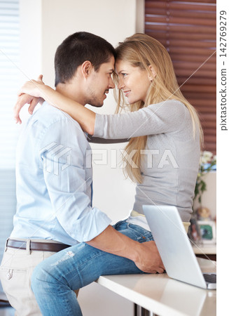 Couple, hug and marriage with love in home and talking with care and support in partnership. Happy, woman and man smile with gratitude in house and wife embrace with kindness, trust and loyalty Couple, hug and marriage with love in home and talking with care and support in partnership. Happy, woman and man smile with gratitude in house and wife embrace with kindness, trust and loyalty 142769279