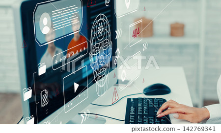 Deep fake technology displayed on a computer screen showing digital characters and virtual interactions Deep fake technology displayed on a computer screen showing digital characters and virtual interactions 142769341