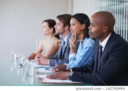 Business, people and water in boardroom with paper for listening in finance presentation. Corporate lawyers, conference and documents for workshop, strategy and planning company growth in office Business, people and water in boardroom with paper for listening in finance presentation. Corporate lawyers, conference and documents for workshop, strategy and planning company growth in office 142769464