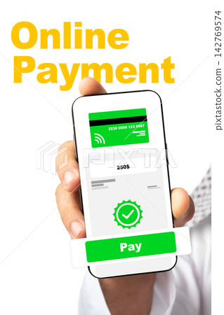 Hand holding smartphone showing online payment screen with payment amount and confirmation Hand holding smartphone showing online payment screen with payment amount and confirmation 142769574