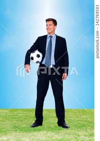 Soccer ball, businessman and achievement on grass for success and happy in nature. Professional, corporate male person and ready for vacation, holiday and game on field for weekend with smile Soccer ball, businessman and achievement on grass for success and happy in nature. Professional, corporate male person and ready for vacation, holiday and game on field for weekend with smile 142769583