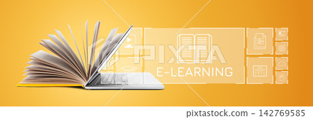 E learning tools with open book and laptop showing digital resources and content E learning tools with open book and laptop showing digital resources and content 142769585