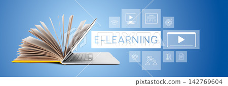 E learning concept with open book and laptop showing various digital learning tools E learning concept with open book and laptop showing various digital learning tools 142769604