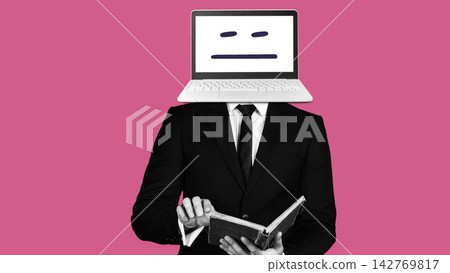 Fake news and information represented by a person with a laptop head reading a book about truth in a simple graphic design 142769817