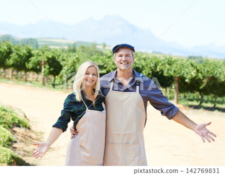 Farming, portrait or happy couple hug with smile, love or partnership in small business, growth or market. Teamwork, man or woman with confidence for vineyard industry or entrepreneurship for farmers Farming, portrait or happy couple hug with smile, love or partnership in small business, growth or market. Teamwork, man or woman with confidence for vineyard industry or entrepreneurship for farmers 142769831
