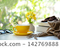 Dream plan notebook workspace inspiring personal growth and life goals with yellow cup coffee in warm sunshine.  142769888