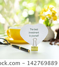 Notepad with the best investment is yourself. Inspirational workspace promoting self investment, personal growth and lifelong learning.  142769889